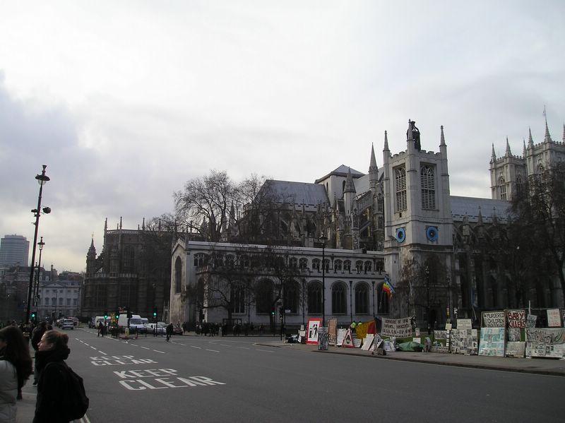 Westminster Abbey and protest signs (large)